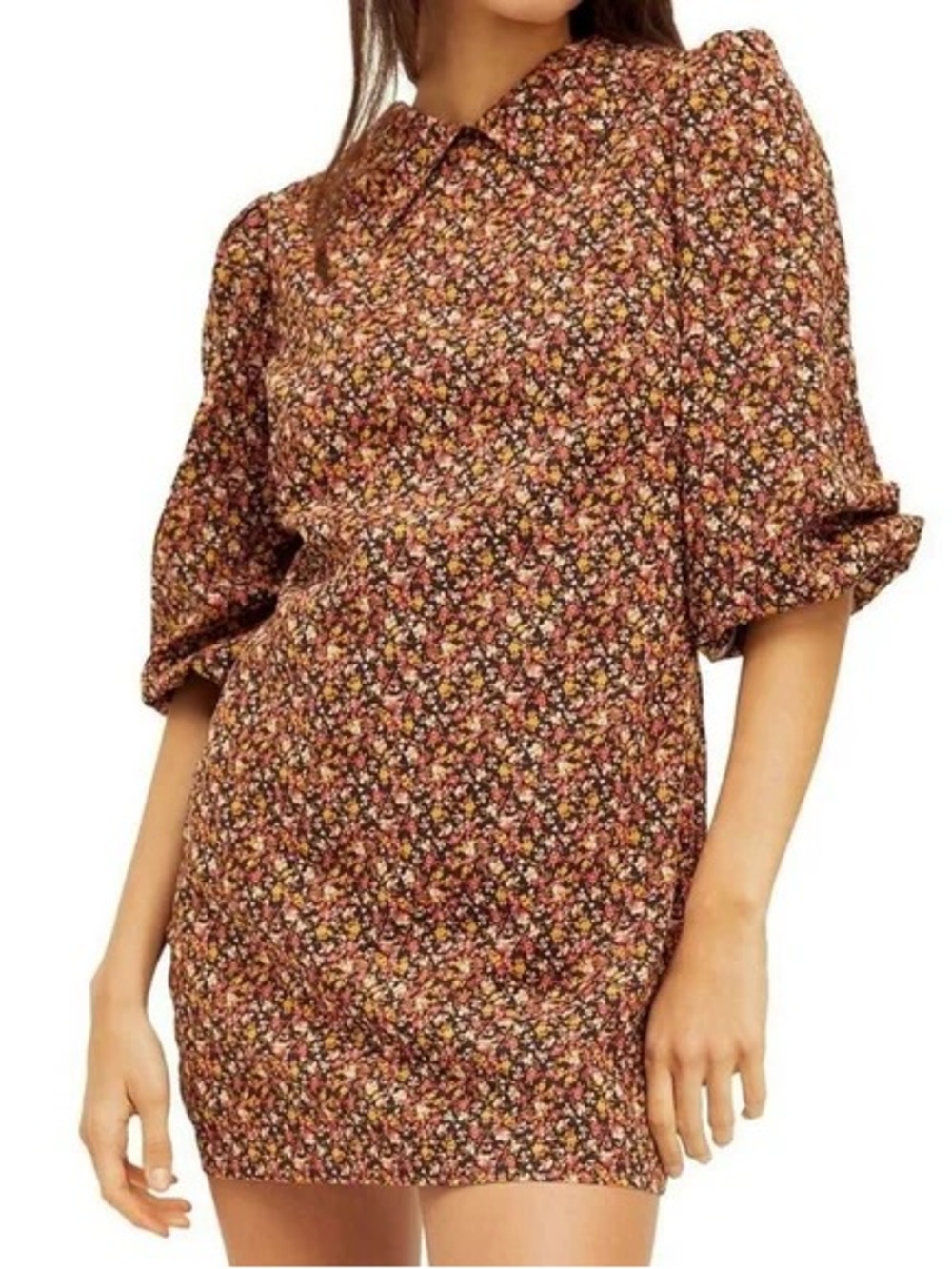 Free People Making Plans Floral Mini Dress Collared Puff Sleeve Brown Yellow 8